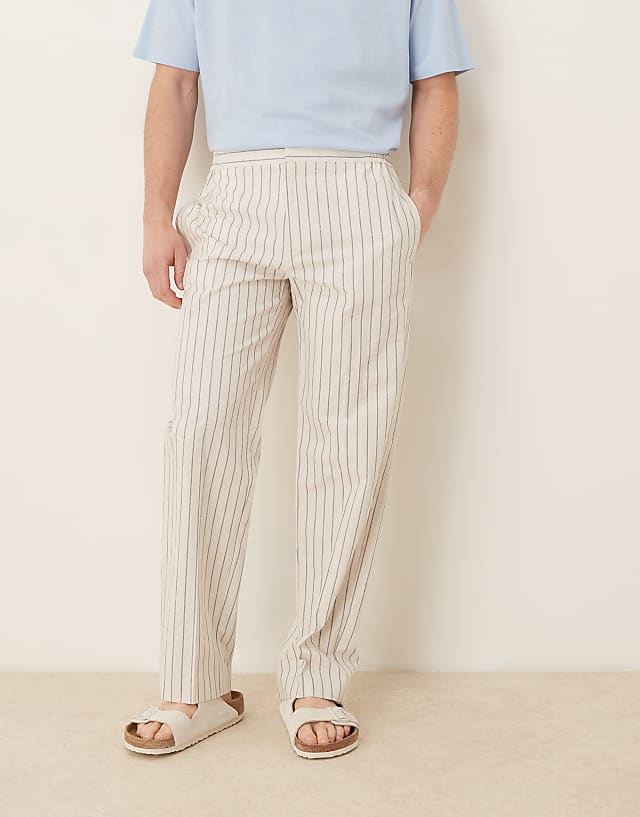 ASOS DESIGN Smart Straight Leg Cotton Blend Trousers In White Pinstripe