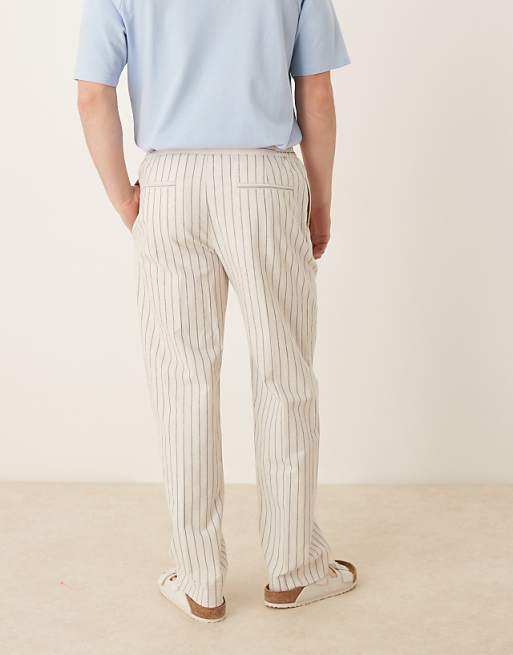 ASOS DESIGN Smart Straight Leg Cotton Blend Trousers In White Pinstripe