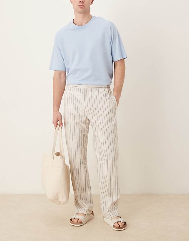 ASOS DESIGN smart straight leg cotton blend trousers in white pinstripe