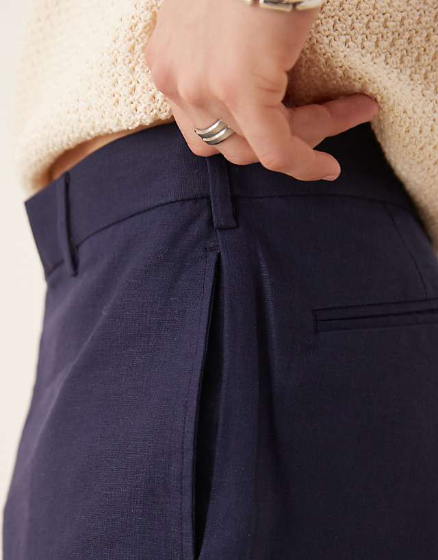 ASOS DESIGN Smart Straight Leg Linen Blend Trousers In Navy