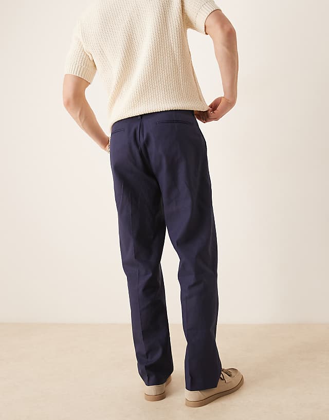 ASOS DESIGN Smart Straight Leg Linen Blend Trousers In Navy