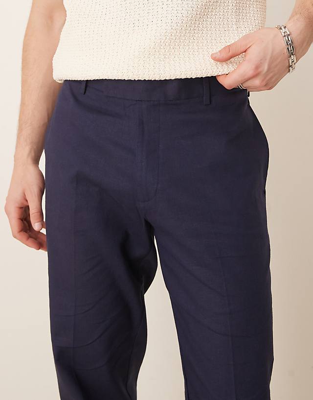ASOS DESIGN Smart Straight Leg Linen Blend Trousers In Navy