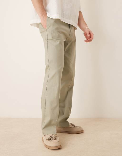 ASOS DESIGN Smart Straight Leg Linen Blend Trousers In Sage Green