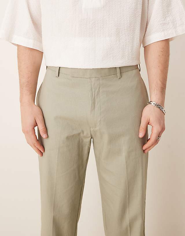 ASOS DESIGN Smart Straight Leg Linen Blend Trousers In Sage Green