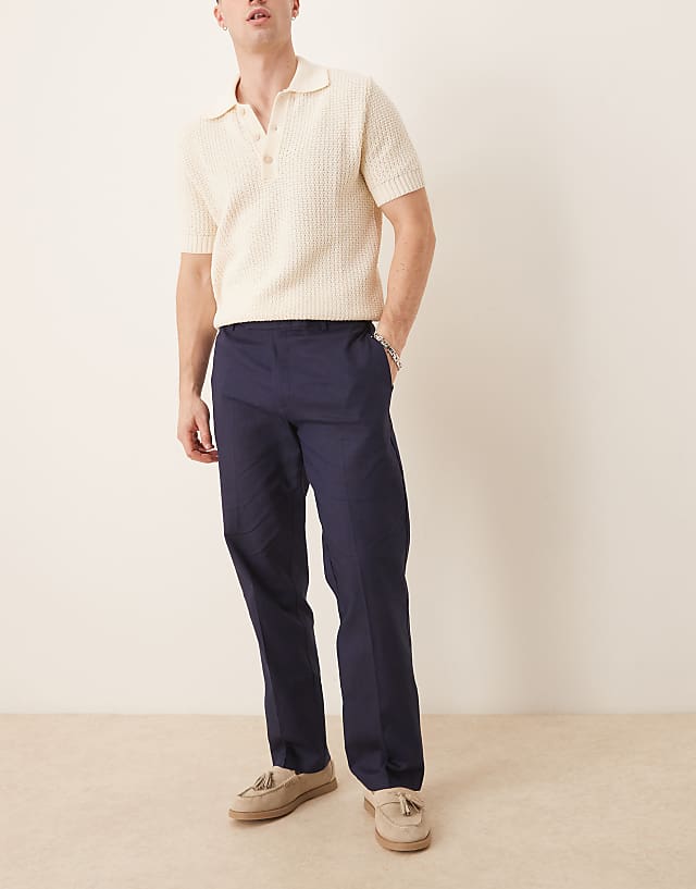ASOS DESIGN smart straight leg linen blend trousers in navy