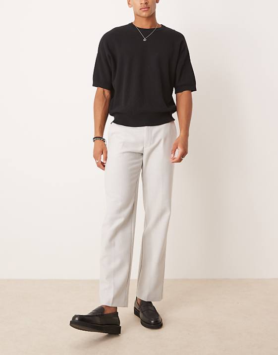 ASOS DESIGN smart straight leg trousers in light grey with wool herringbone
