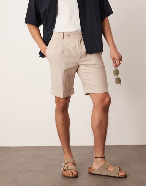 ASOS DESIGN Smart Straight Linen Blend Chino Shorts With Front Pleat In Stone