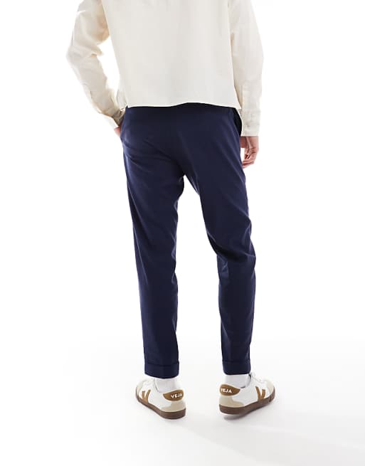 ASOS DESIGN Smart Tapered Fit Linen Blend Trousers In Navy