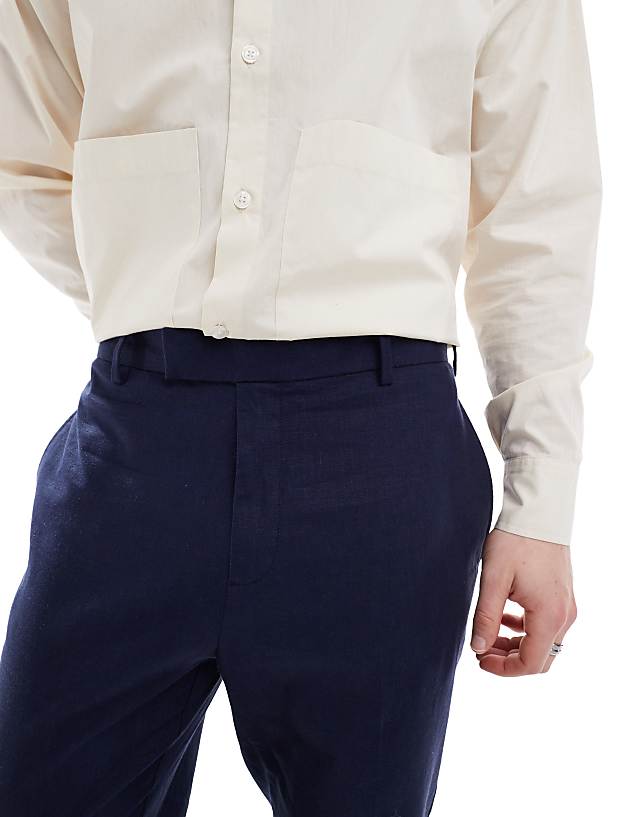 ASOS DESIGN Smart Tapered Fit Linen Blend Trousers In Navy