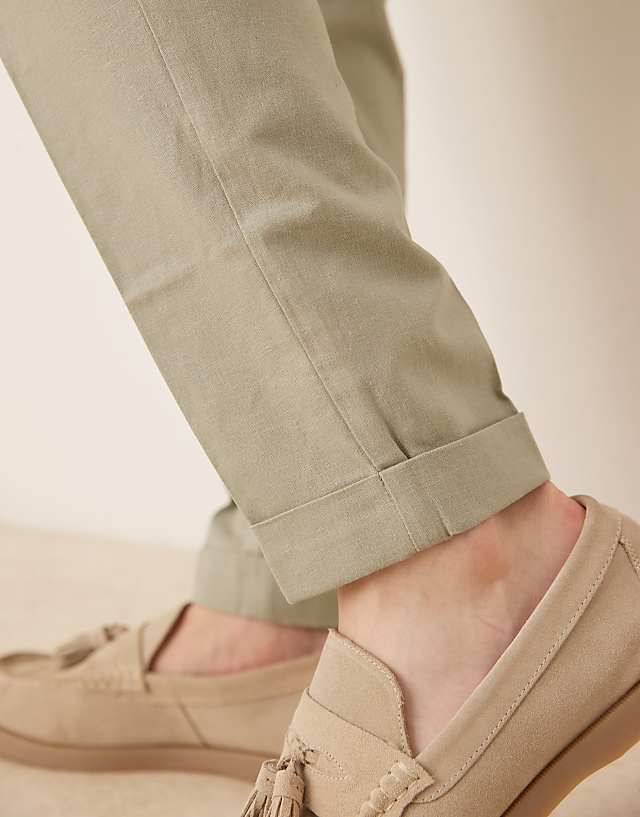 ASOS DESIGN Smart Tapered Fit Linen Blend Trousers In Sage Green With Turnups