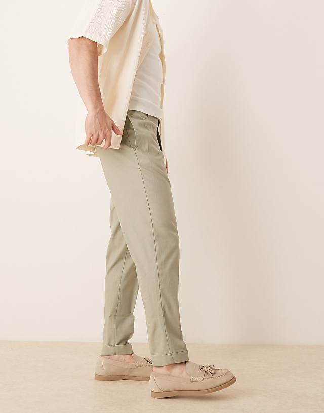 ASOS DESIGN Smart Tapered Fit Linen Blend Trousers In Sage Green With Turnups