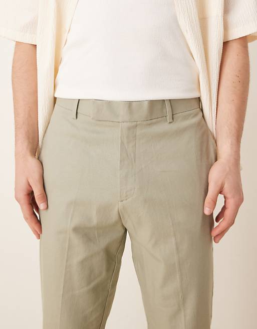 ASOS DESIGN Smart Tapered Fit Linen Blend Trousers In Sage Green With Turnups