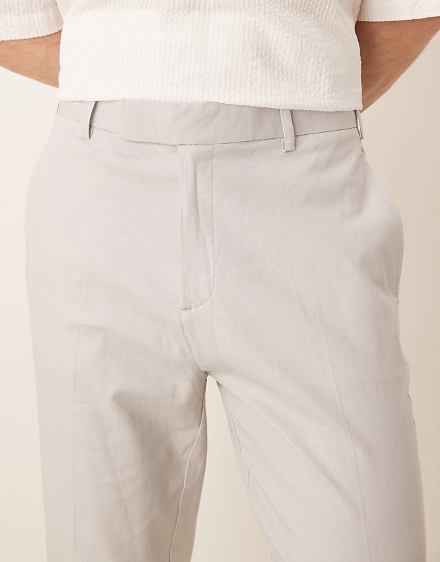 ASOS DESIGN Smart Tapered Fit Linen Blend Trousers In Light Grey With Turnups