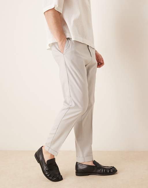 ASOS DESIGN Smart Tapered Fit Linen Blend Trousers In Light Grey With Turnups