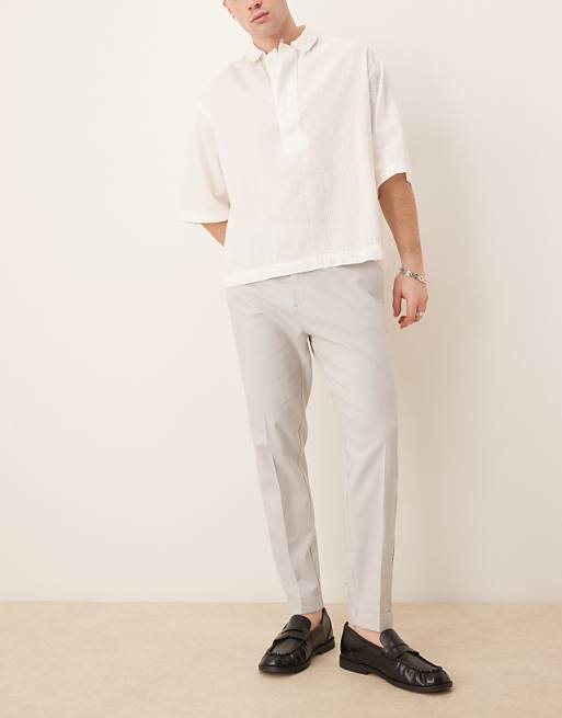ASOS DESIGN Smart Tapered Fit Linen Blend Trousers In Light Grey With Turnups