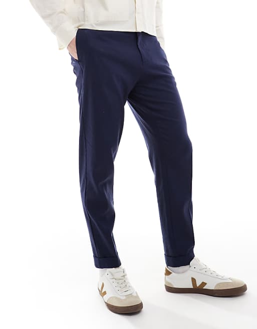 ASOS DESIGN smart tapered fit linen blend trousers in navy
