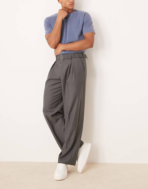 ASOS DESIGN Smart Wide Leg Belted Trousers With Front Pleat In Charcoal