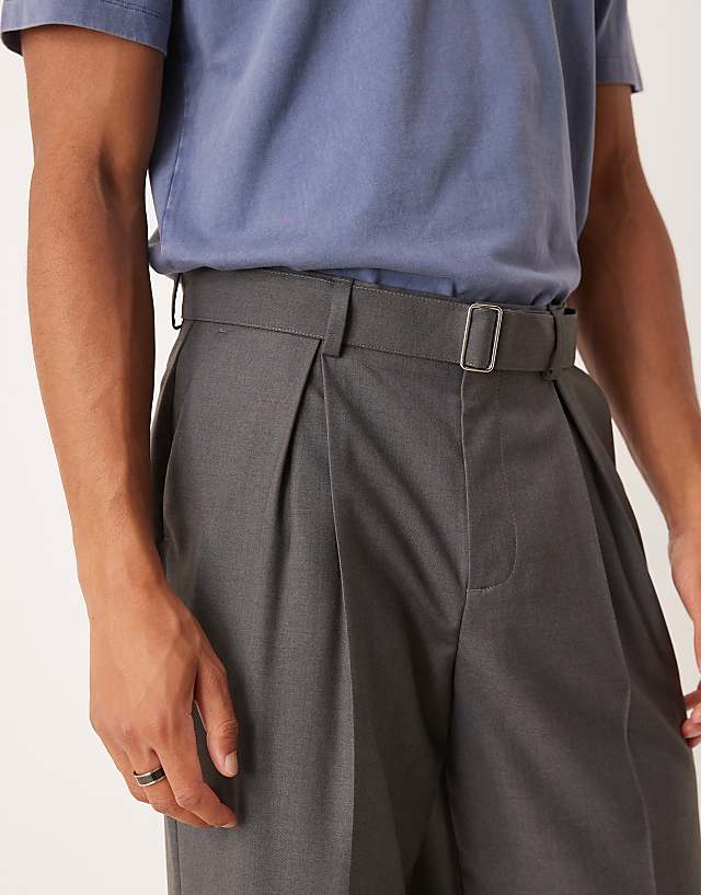 ASOS DESIGN Smart Wide Leg Belted Trousers With Front Pleat In Charcoal