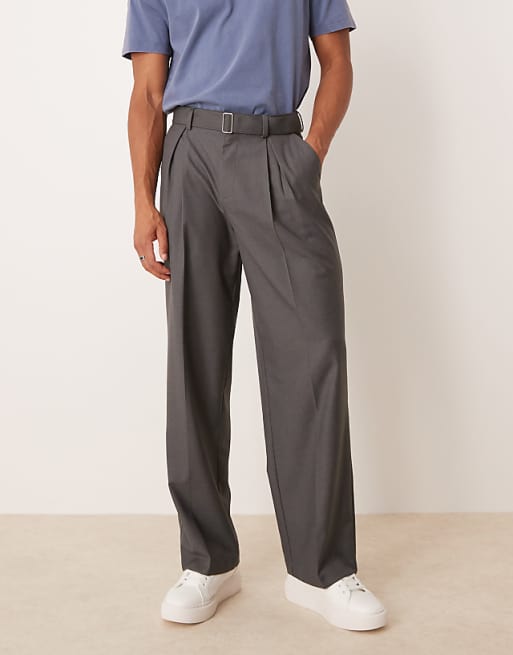 ASOS DESIGN smart wide leg belted trousers with front pleat in charcoal