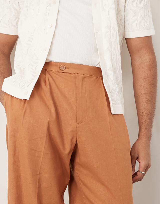 ASOS DESIGN Smart Wide Leg Linen Blend Trousers With Double Pleats In Rust
