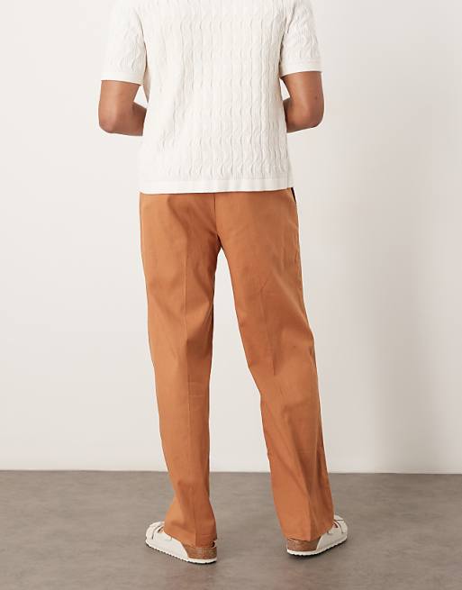 ASOS DESIGN Smart Wide Leg Linen Blend Trousers With Double Pleats In Rust