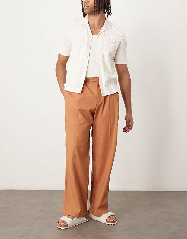 ASOS DESIGN Smart Wide Leg Linen Blend Trousers With Double Pleats In Rust