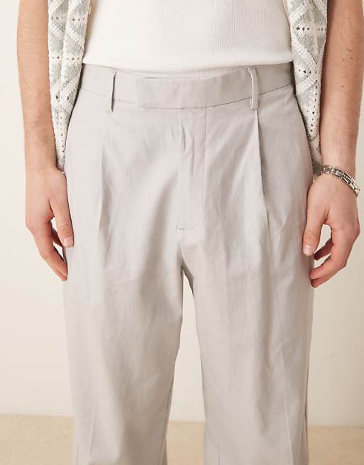 ASOS DESIGN Smart Wide Leg Linen Blend Trousers With Front Pleat In Light Grey