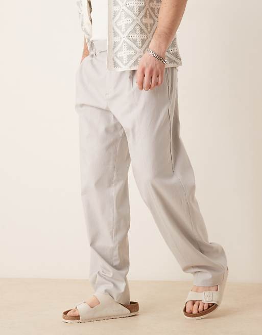 ASOS DESIGN Smart Wide Leg Linen Blend Trousers With Front Pleat In Light Grey