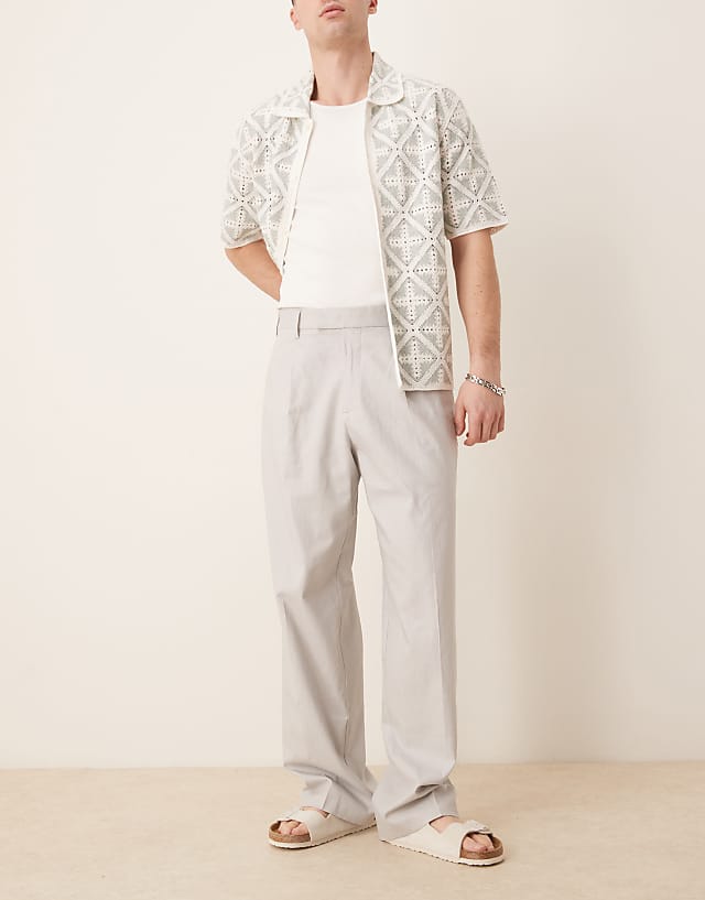 ASOS DESIGN smart wide leg linen blend trousers with front pleat in light grey