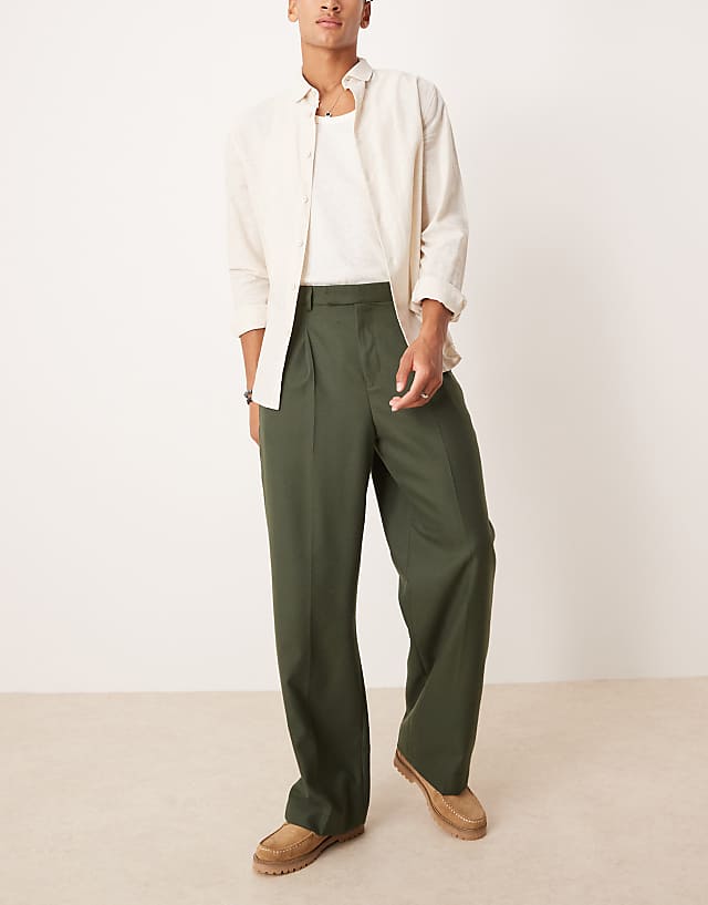 ASOS DESIGN Smart Wide Leg Trousers With Front Pleats In Green Brushed Fabric