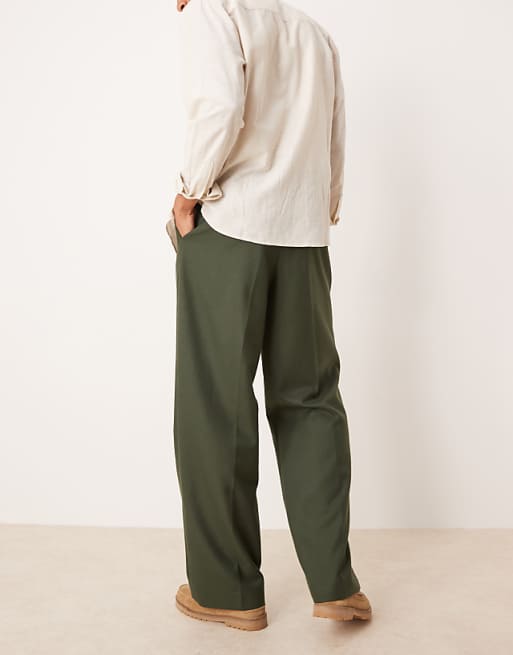 ASOS DESIGN Smart Wide Leg Trousers With Front Pleats In Green Brushed Fabric