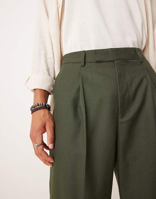 ASOS DESIGN Smart Wide Leg Trousers With Front Pleats In Green Brushed Fabric