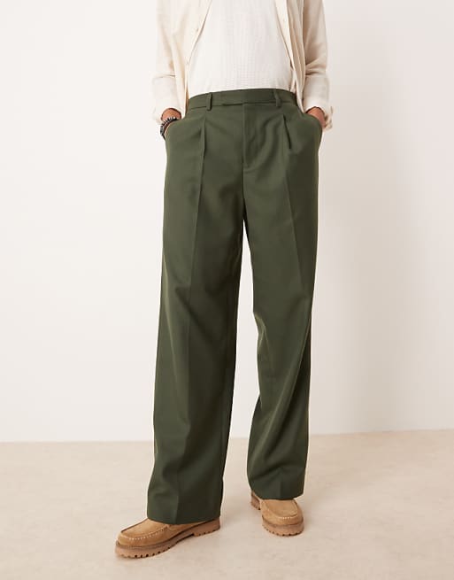 ASOS DESIGN smart wide leg trousers with front pleats in green brushed fabric