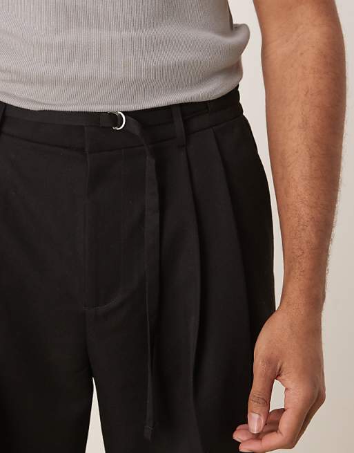 ASOS DESIGN Smart Wide Leg Trousers With Thin Belt And Double Pleats In Black With Elasticated Waist