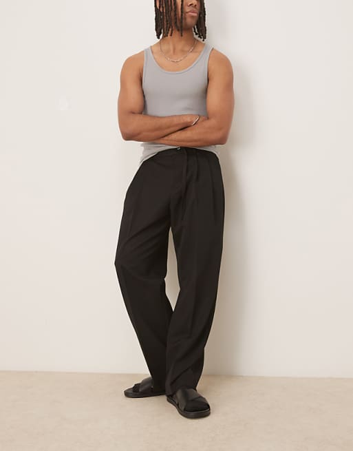 ASOS DESIGN Smart Wide Leg Trousers With Thin Belt And Double Pleats In Black With Elasticated Waist