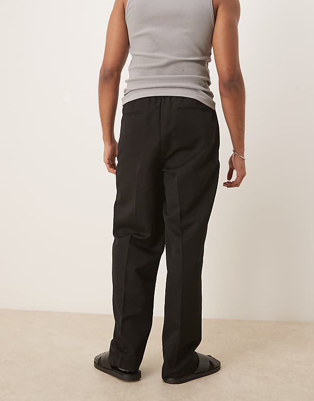 ASOS DESIGN Smart Wide Leg Trousers With Thin Belt And Double Pleats In Black With Elasticated Waist