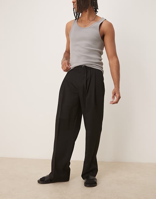 ASOS DESIGN smart wide leg trousers with thin belt and double pleats in black with elasticated waist
