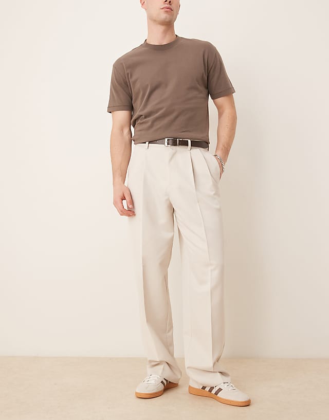 ASOS DESIGN smart wide trousers with double pleats in ecru