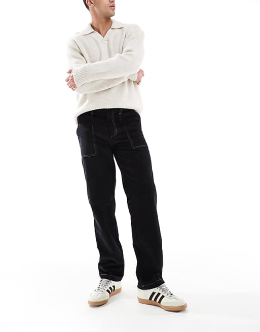 ASOS DESIGN Straight Leg Cord Trousers With Contrast Stitch In Black