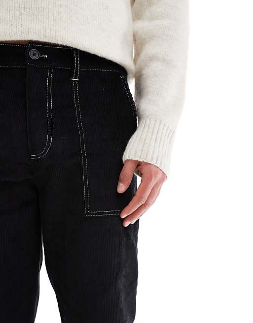 ASOS DESIGN Straight Leg Cord Trousers With Contrast Stitch In Black