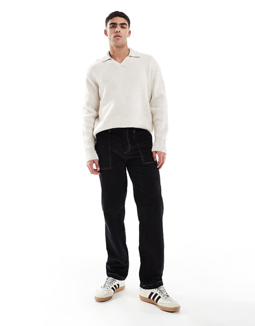 ASOS DESIGN straight leg cord trousers with contrast stitch in black