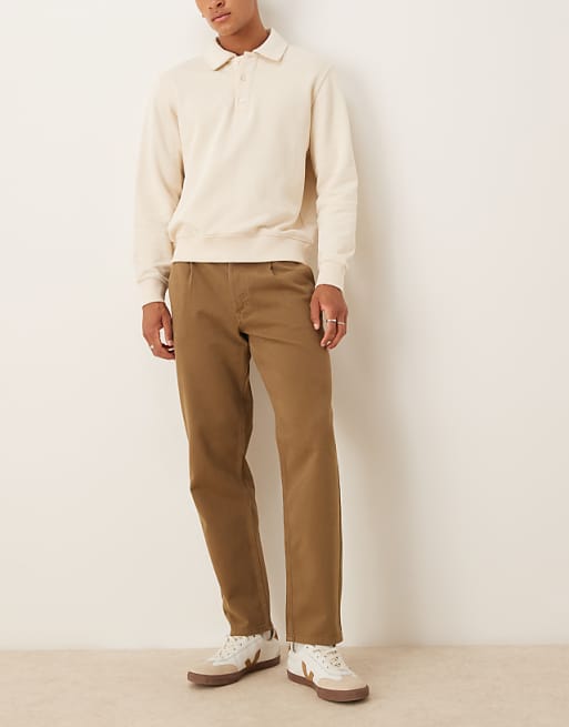 ASOS DESIGN straight leg trousers in khaki with pleats