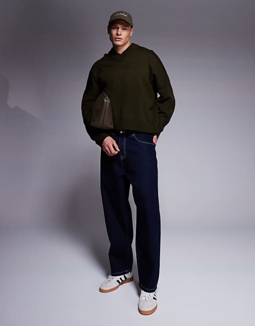 ASOS DESIGN Super Oversized Boxy Fit Knitted V Neck Jumper In Khaki
