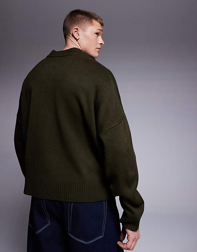 ASOS DESIGN Super Oversized Boxy Fit Knitted V Neck Jumper In Khaki