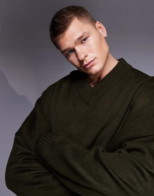ASOS DESIGN Super Oversized Boxy Fit Knitted V Neck Jumper In Khaki