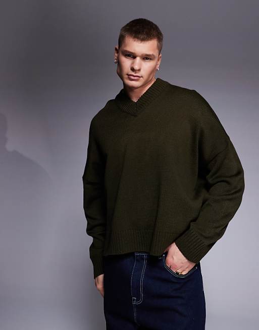 ASOS DESIGN super oversized boxy fit knitted v neck jumper in khaki