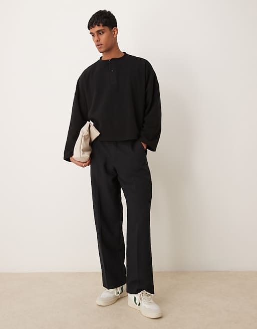 ASOS DESIGN Super Oversized Cropped Heavyweight Rib Henley Jumper In Black