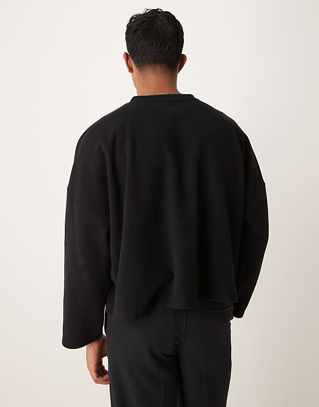 ASOS DESIGN Super Oversized Cropped Heavyweight Rib Henley Jumper In Black