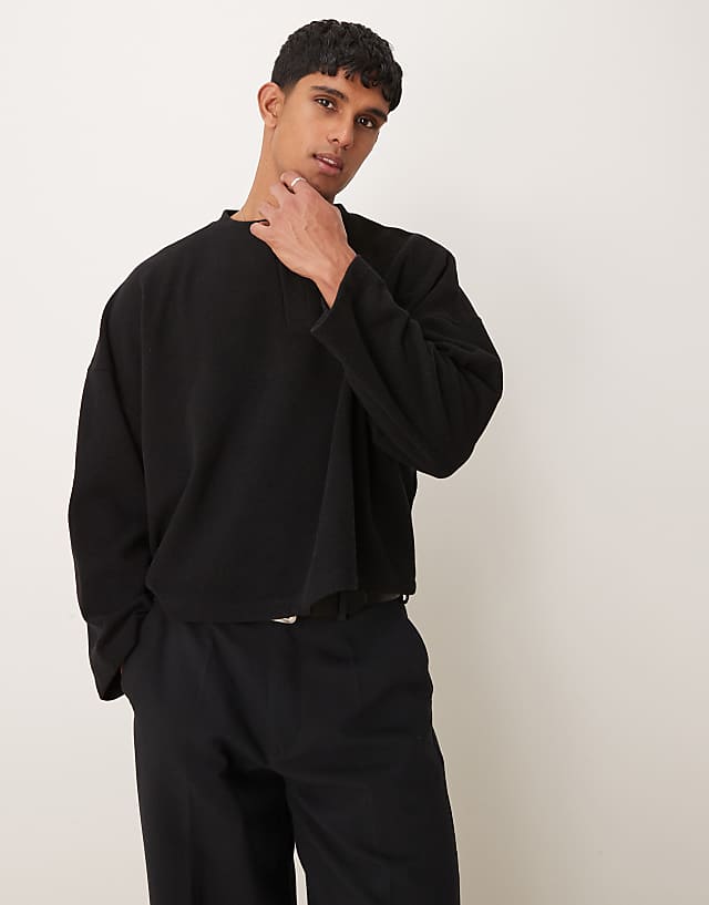 ASOS DESIGN super oversized cropped heavyweight rib henley jumper in black