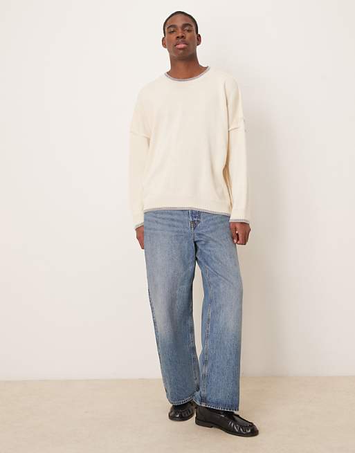 ASOS DESIGN Super Oversized Exposed Seams Knitted Fit Jumper In Beige With Grey Tipping